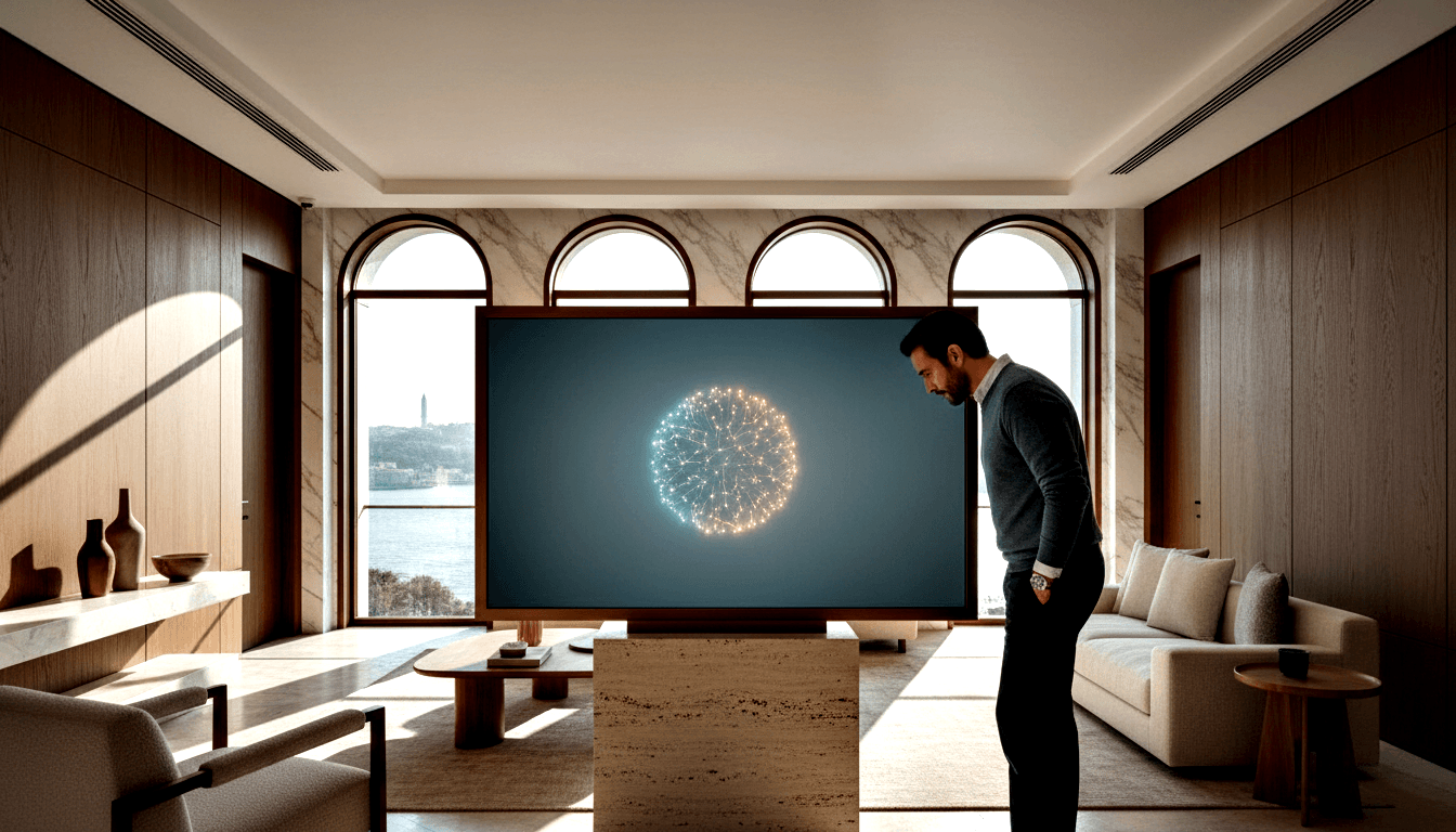 Man in grey crewneck leans forward examining a large flat-screen TV showing a glowing spherical network graphic on a travertine pedestal.