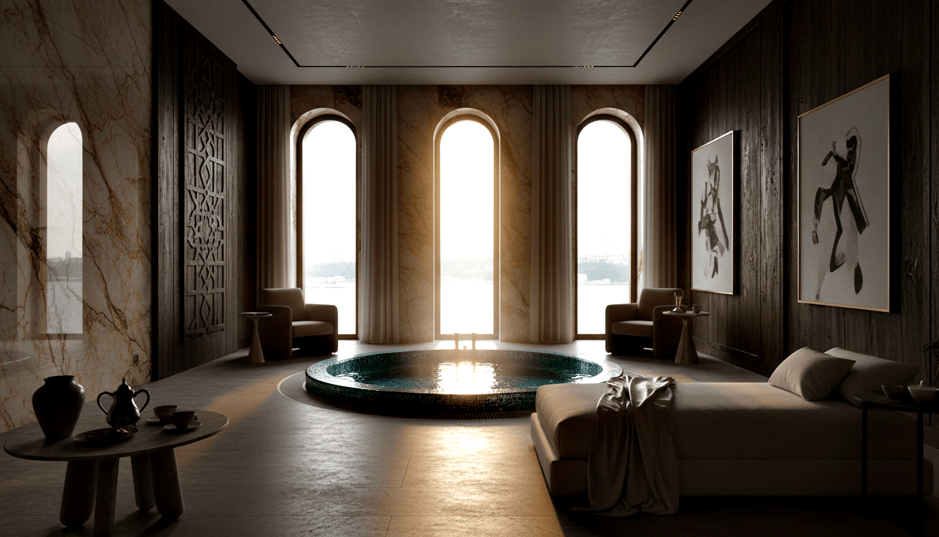 CGI render: circular teal mosaic sunken pool, three tall arched windows, dark wood paneling, draped platform bed.