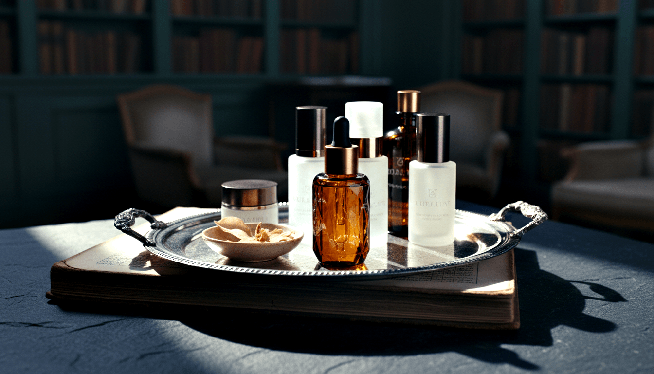 Silver tray with amber dropper bottle, frosted white bottles, cream jar, and botanicals on an open book before dark teal shelves.