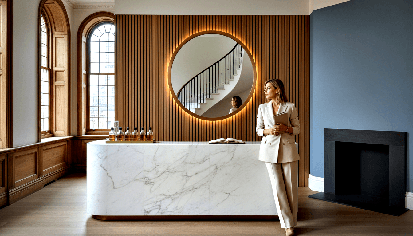 Woman in cream pantsuit holds notebook beside curved white marble reception desk with brass trim; wood slat wall with circular mirror behind.