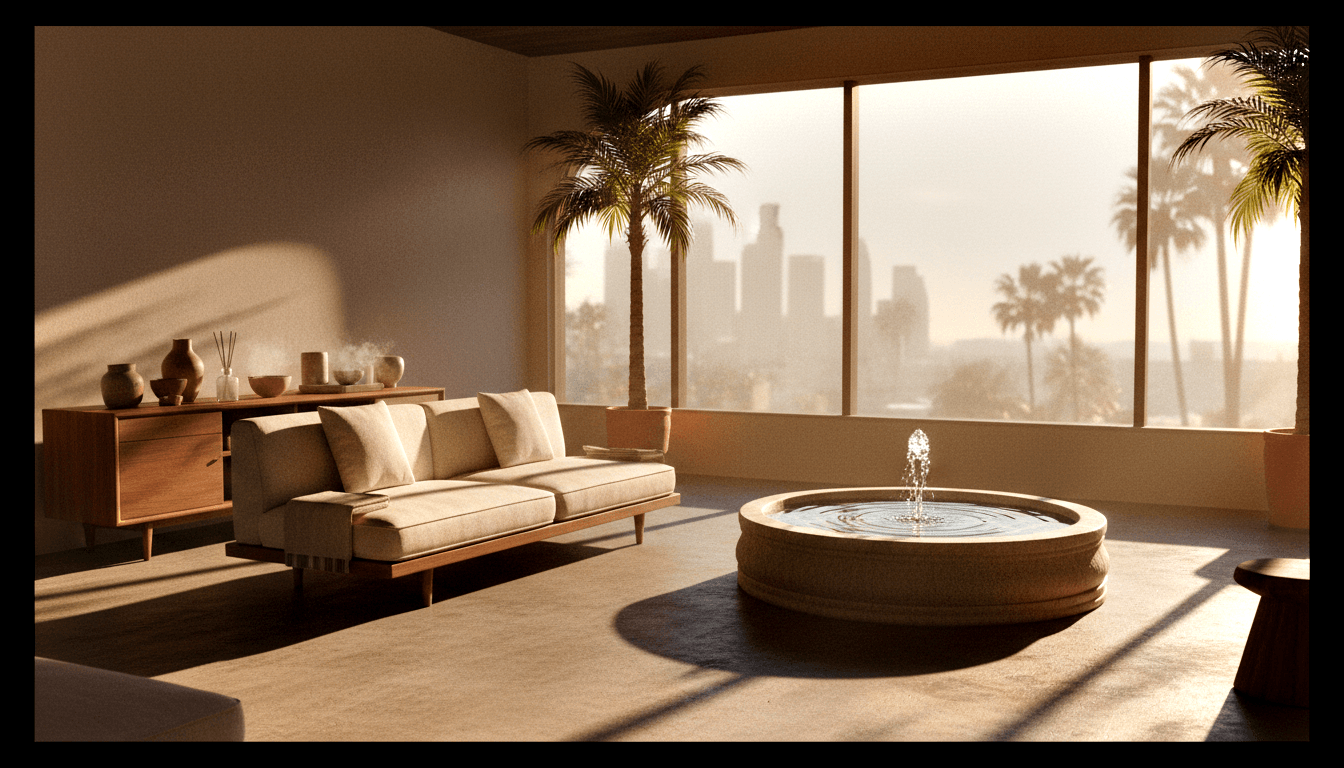 3D-rendered interior with stone basin fountain, cream mid-century sofa, walnut sideboard, and palm by floor-to-ceiling windows.