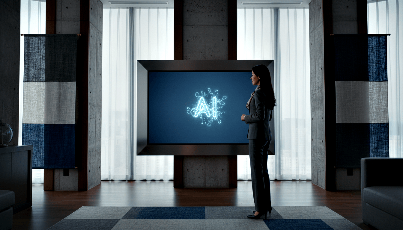 Woman in charcoal suit stands in profile before a large framed display showing glowing text and network-node graphic on navy background.