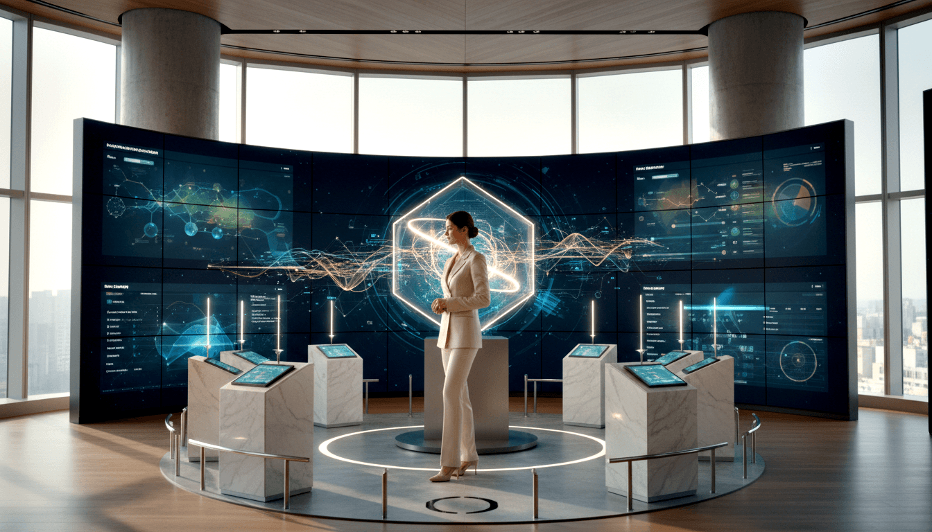 Woman in cream pantsuit stands in curved futuristic command room with hexagonal hologram, multi-panel video wall, and cityscape windows.