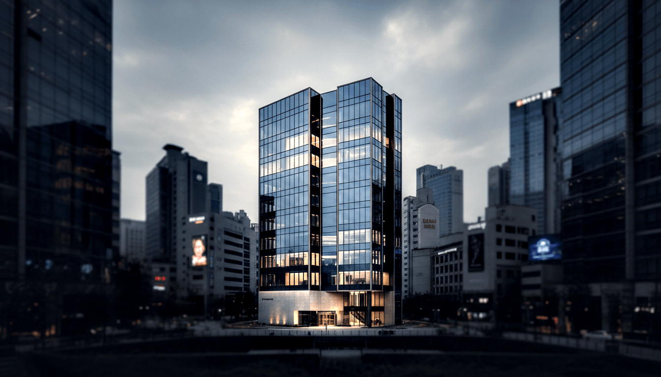 10–12 story glass curtain-wall office building with dark steel mullions and white stone base, warm amber lobby contrasting steel-blue facade.