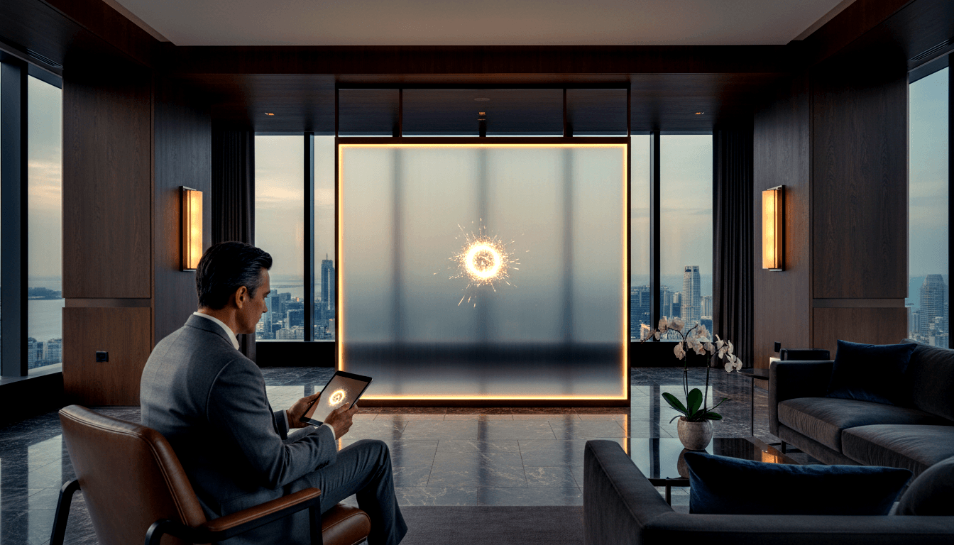 Man in gray suit sits in leather chair, rear view, holding tablet; amber-framed glass panel emits white-gold energy burst.
