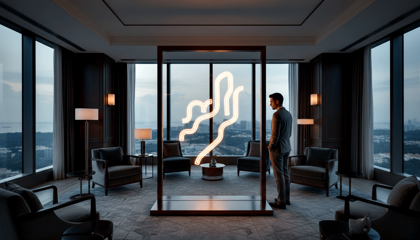Man in light grey suit stands beside a dark wood frame displaying an abstract neon tube sculpture in warm white and amber, in a dimly lit room.