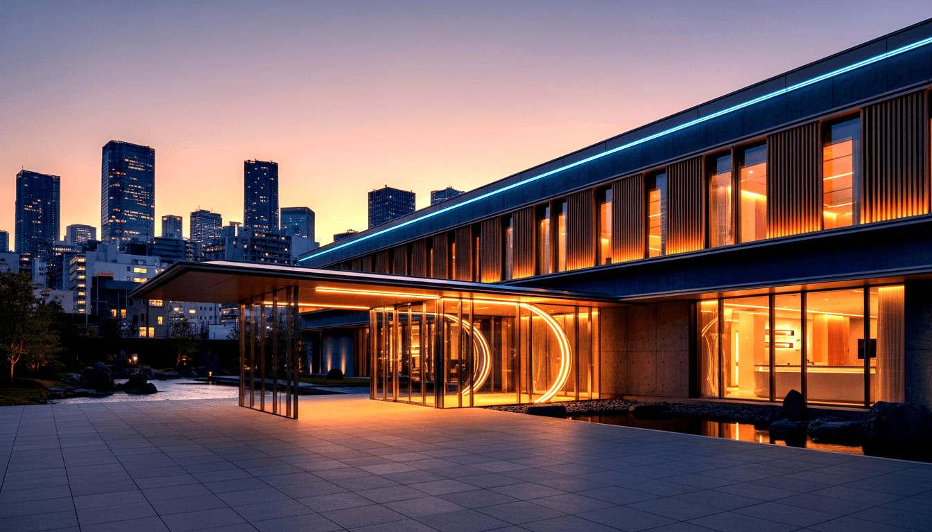 Dusk building: amber-lit glass walls, orange neon sculptures at entrance, wood slat cladding, teal LED roofline, city skyline behind.