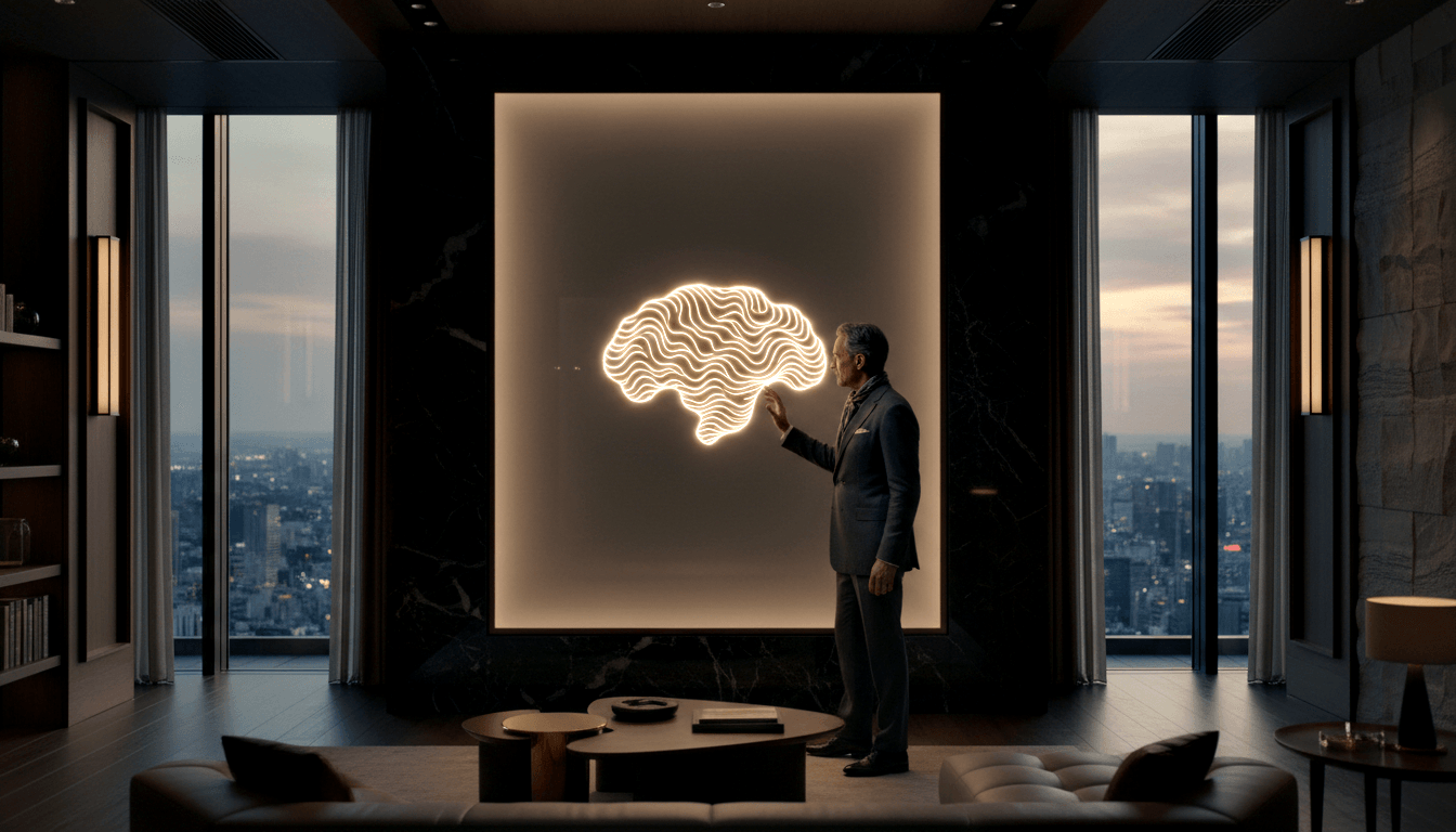 Man in dark suit gestures toward glowing golden brain on backlit wall panel; city skyline at dusk through flanking windows.