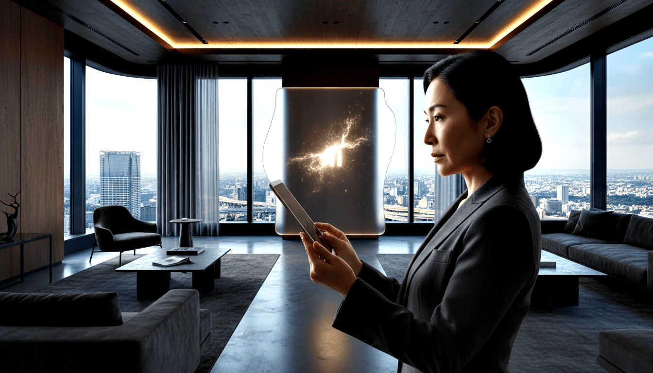 Woman in charcoal blazer holding tablet stands near glowing semi-transparent panel with golden light burst, floor-to-ceiling windows behind.