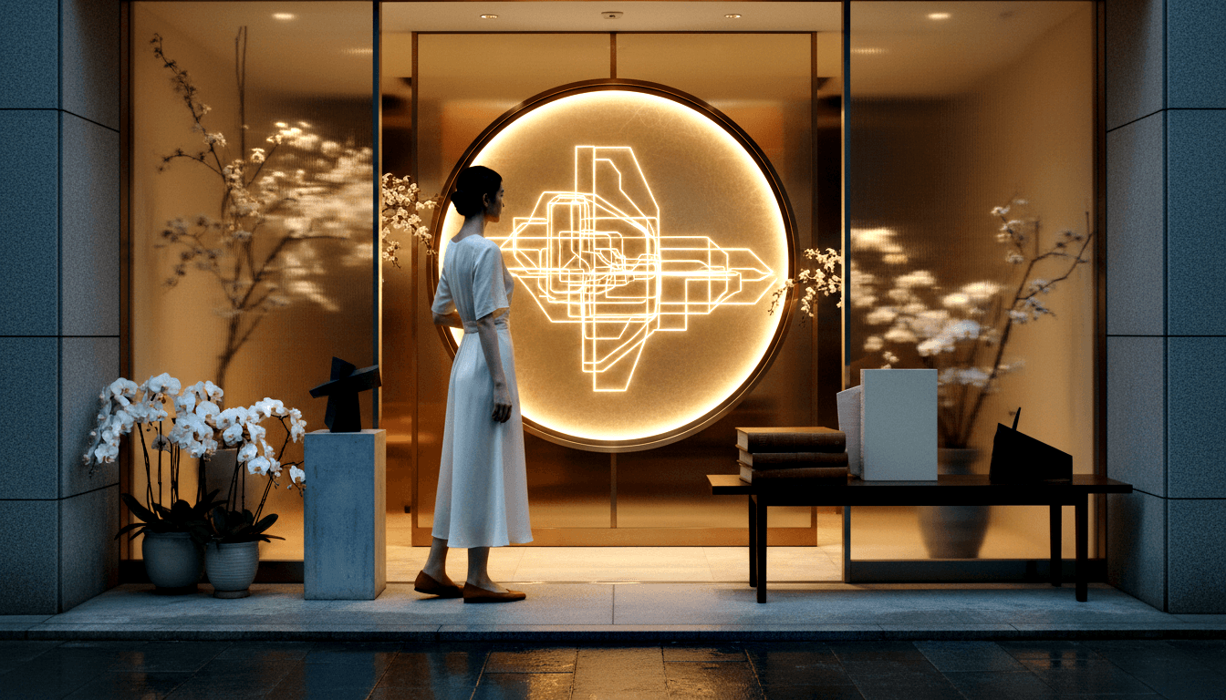 Woman in white midi dress and orange flats, seen from behind, facing a large circular amber-backlit geometric wall installation.