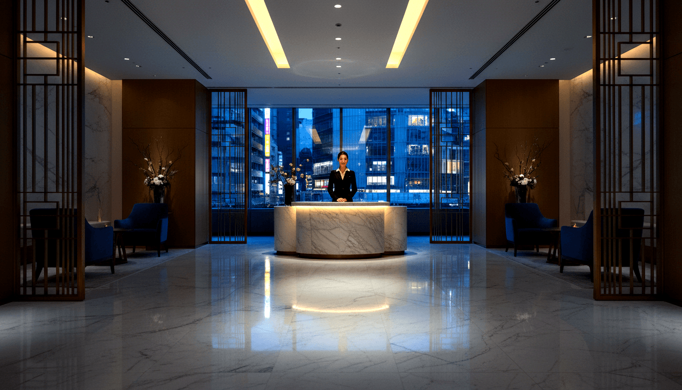 Woman in dark blazer behind curved white marble reception desk in symmetrical hotel lobby with amber wood walls and city view.