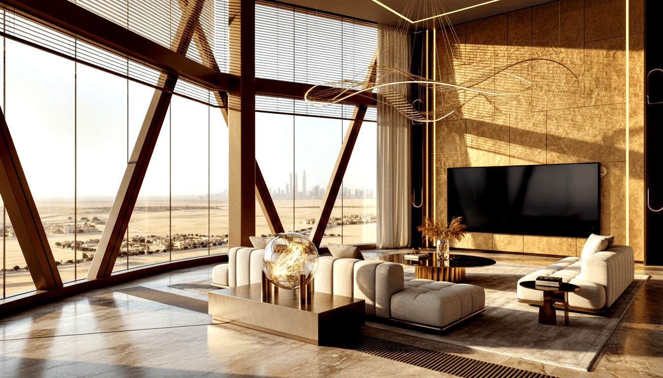Angled bronze-braced windows, desert cityscape view, cream sectional sofa, tufted ottoman, gold-paneled TV accent wall.