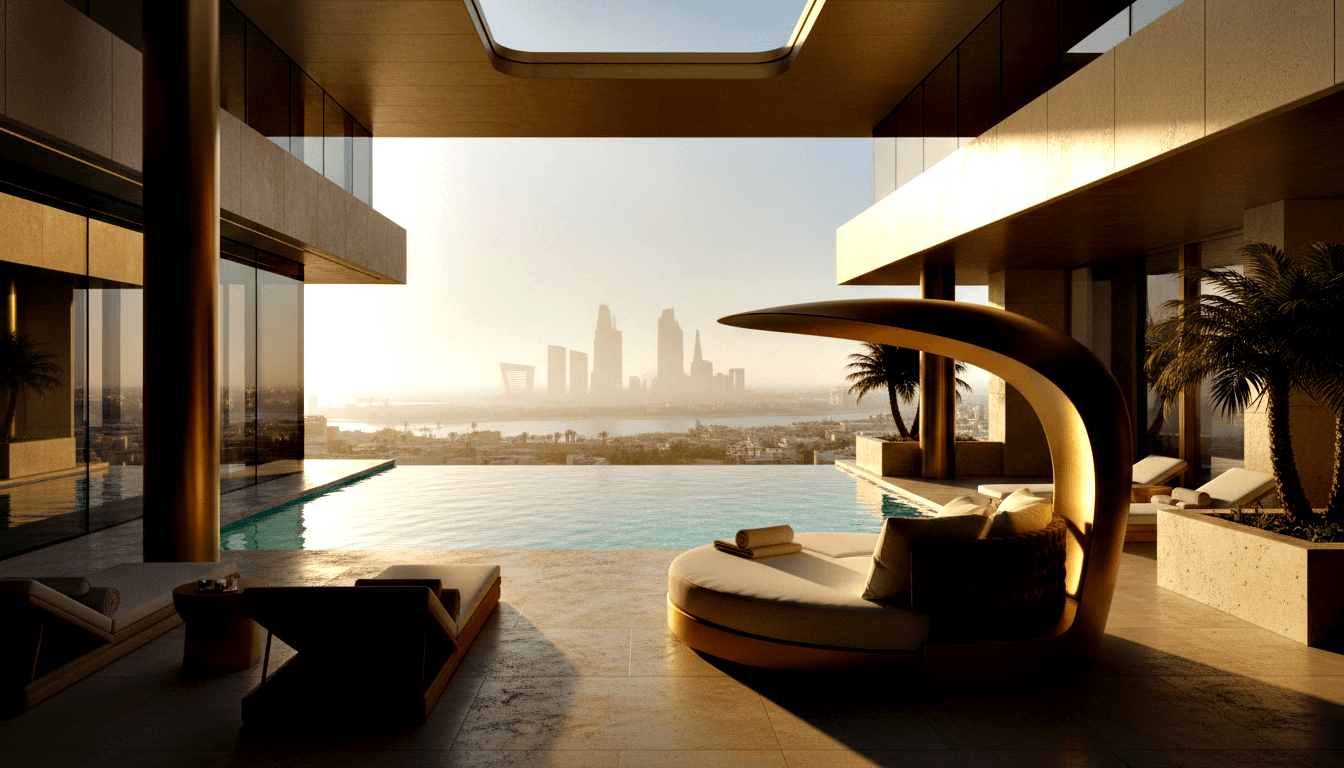 Elevated terrace with turquoise infinity pool, pod-shaped daybed, sun loungers, and distant city skyline under golden-hour haze.