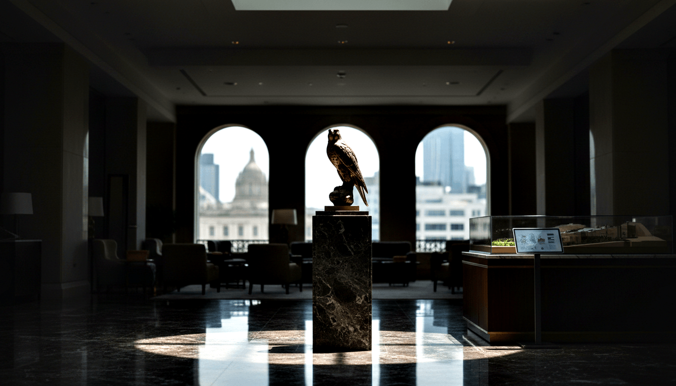 Gold-bronze bird sculpture on dark marble pedestal in formal lobby; arched windows reveal cityscape with domed structure.