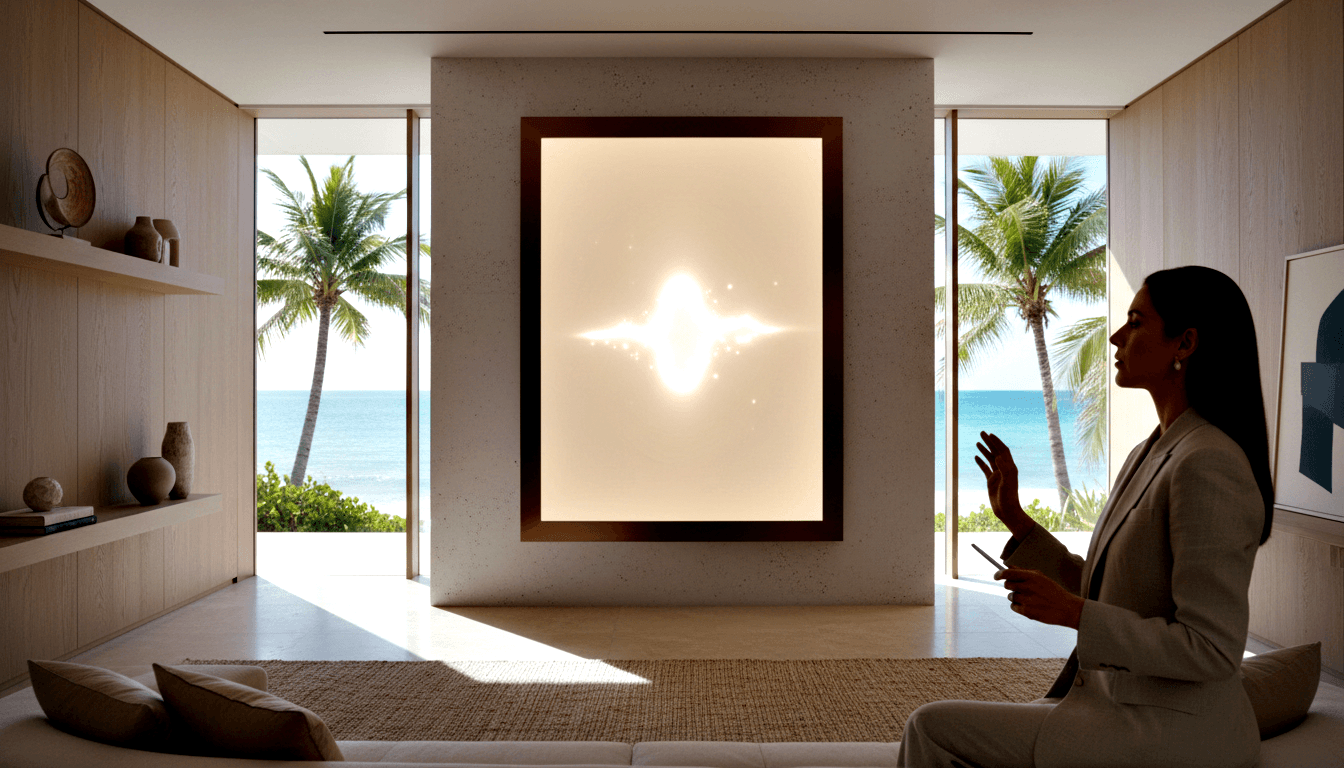 Woman in cream blazer sits on white sofa gesturing at a glowing dark-framed wall panel in a minimalist room with ocean views.