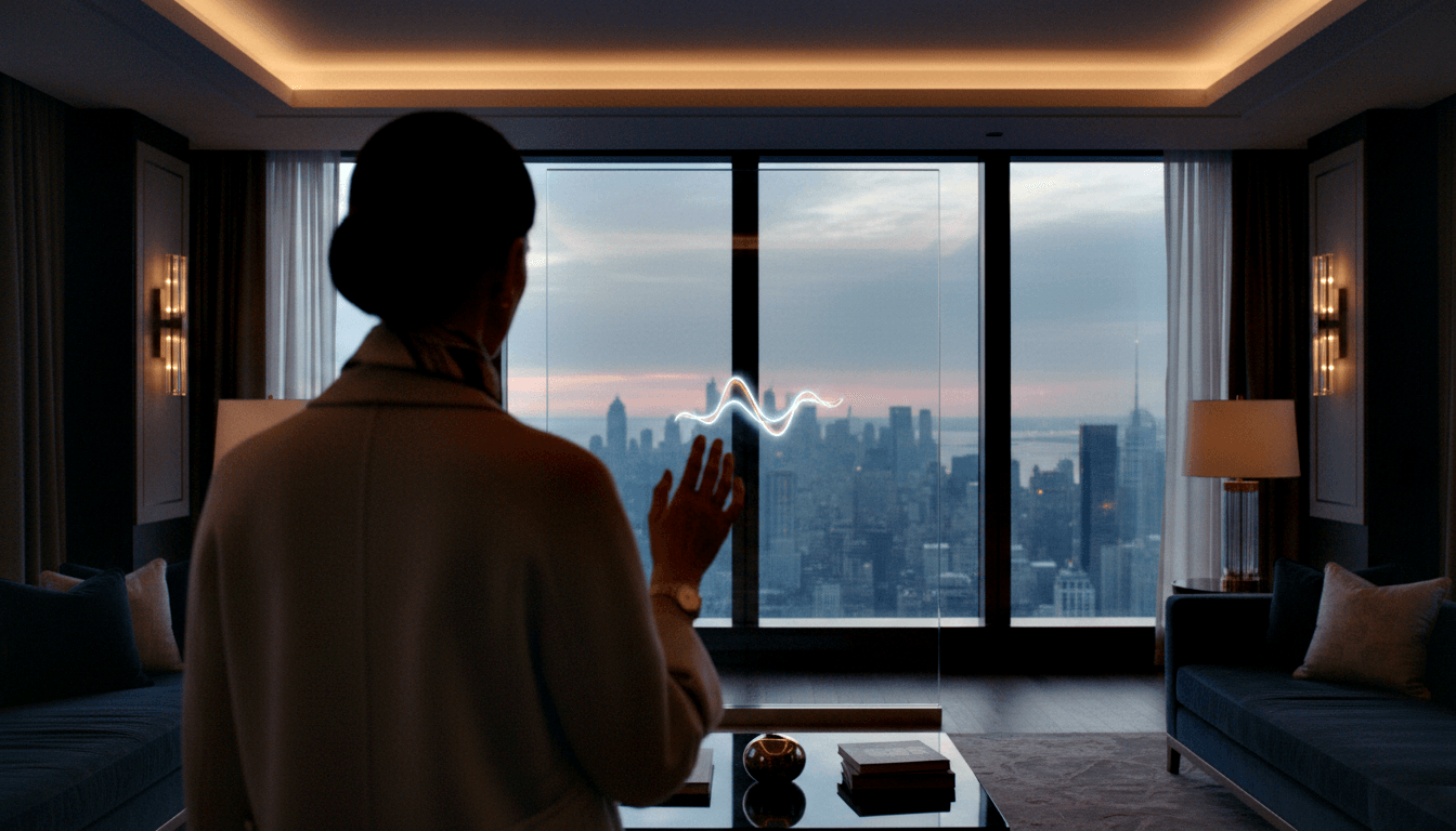 Person in cream blazer seen from behind raises hand toward glowing cyan waveform by high-rise windows at dusk.