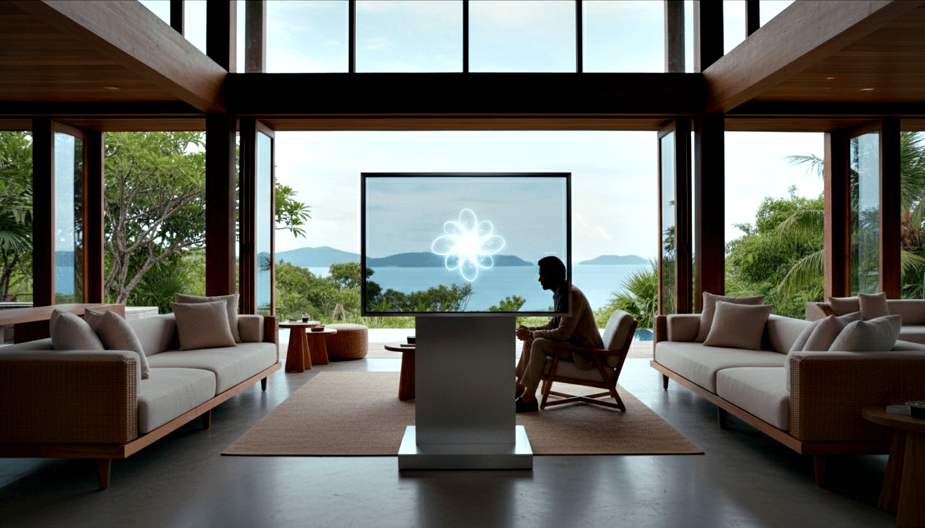 Adult in beige sits cross-legged before transparent display on pedestal; glass wall opens to tropical foliage and calm ocean.