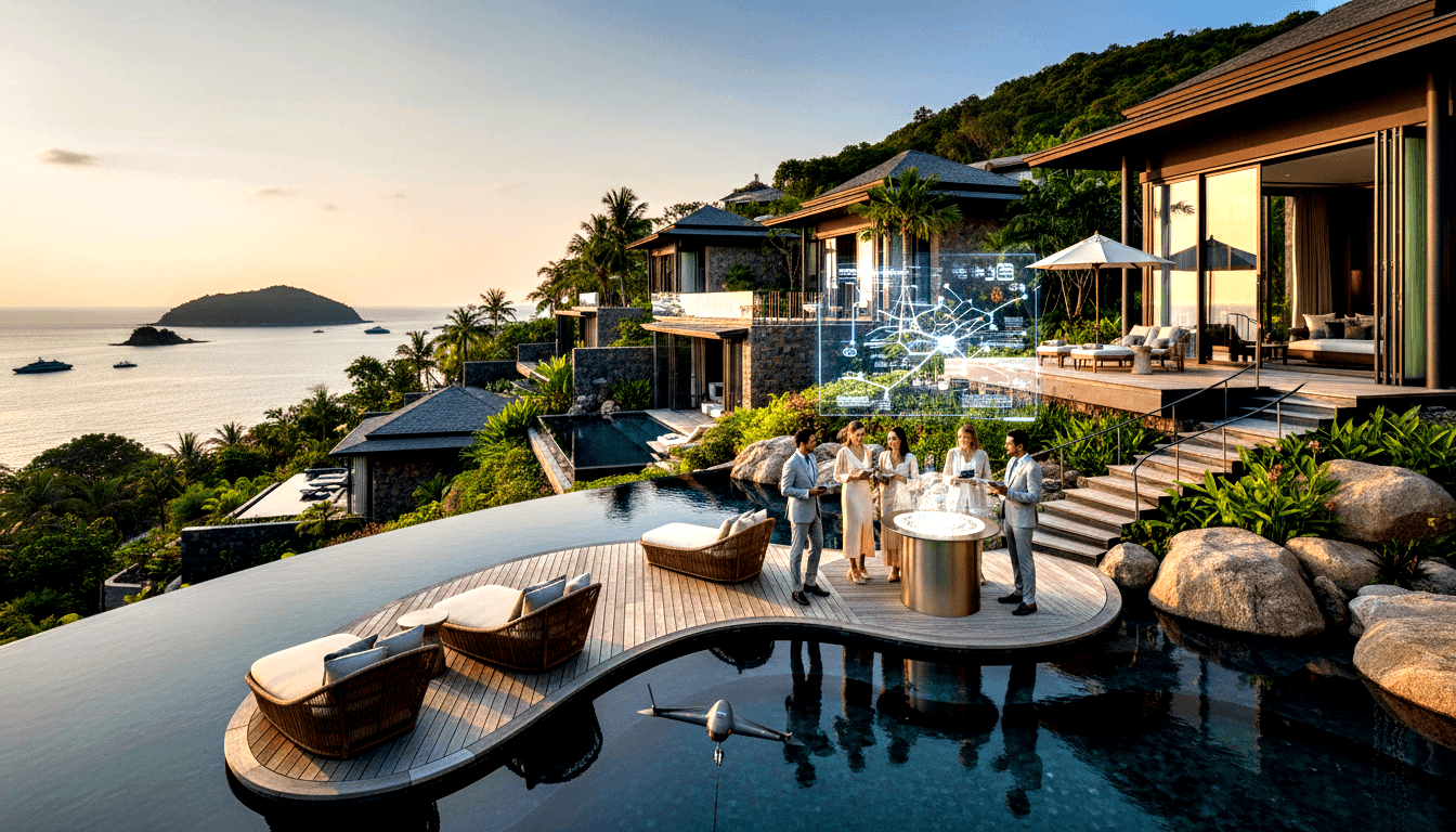 Four adults in formal attire around a metallic pedestal emitting a holographic network display beside a hillside infinity pool at golden hour.
