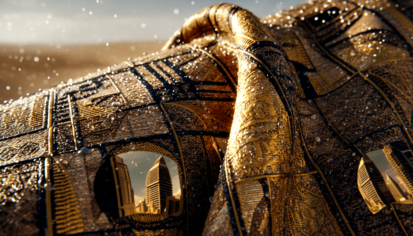 CGI gold and brown claws with circuit patterns, water droplets, and oval windows showing miniature city skylines; desert background.