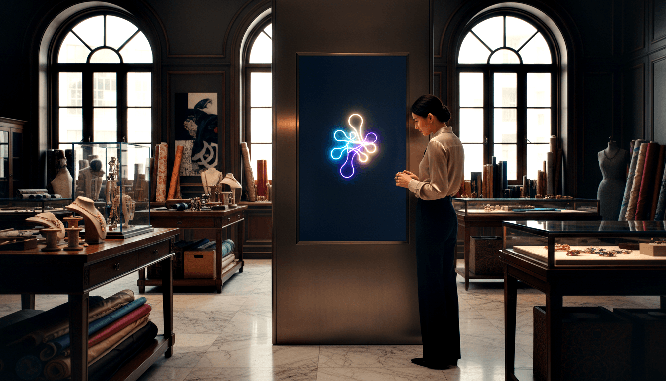 Woman in silk blouse and wide-leg trousers gazes at tall dark panel with glowing multicolored neon symbol; marble floor.