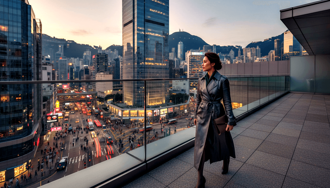 Dark-haired woman in grey-silver trench coat and boots on glass-railed elevated terrace at dusk, dense skyscraper skyline behind her.