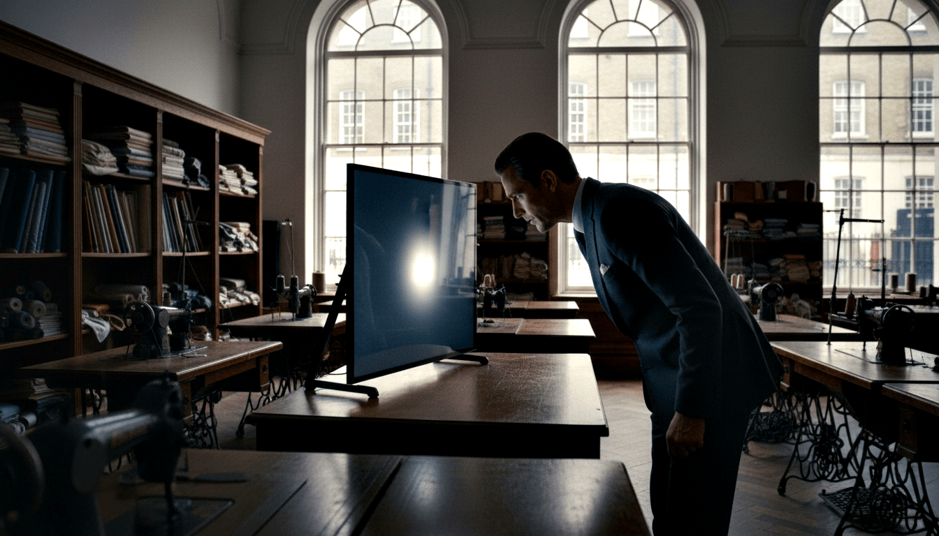 Man in dark suit examines flat-screen monitor in tailoring atelier with arched windows and vintage treadle sewing machines.