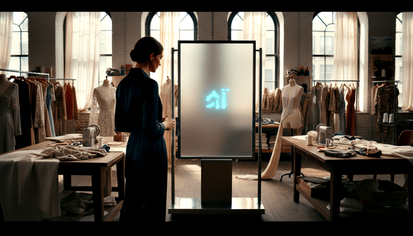 Woman in navy-teal dress stands before a tall frosted display kiosk glowing with a cyan dot-matrix symbol in a studio with brick walls.