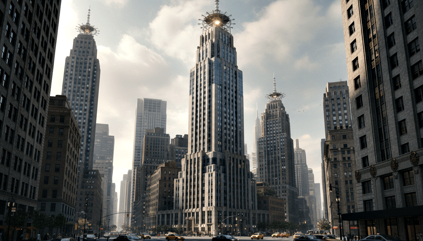 Art Deco skyscraper with ornate spire flanked by high-rises along a broad multi-lane boulevard with yellow taxis and pedestrians.