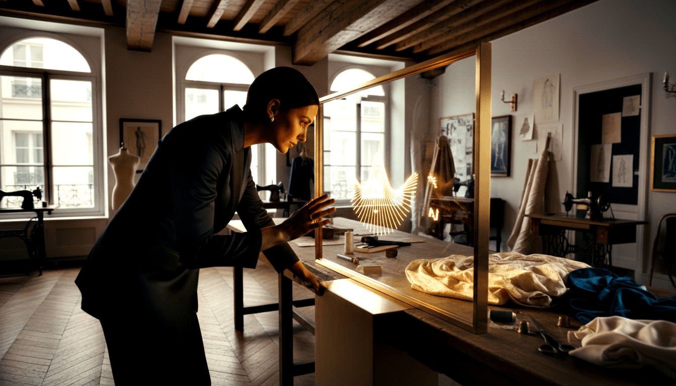 Woman in navy blazer leans over worktable toward glowing fan-shaped light sculpture in gold-framed glass case in vintage studio.