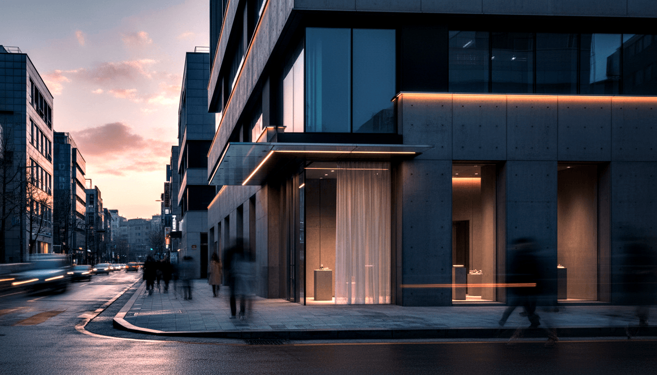 Corner retail building at dusk: glass storefronts, lit pedestals inside, blurred pedestrians on wet sidewalk, vehicle light trails.