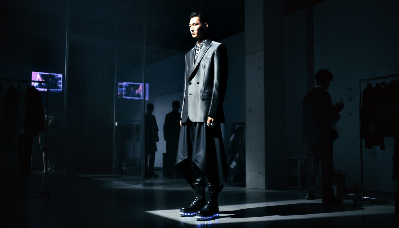 Young man in oversized gray blazer, asymmetric dark draped garment, and combat boots with glowing blue LED soles under dramatic spotlight.