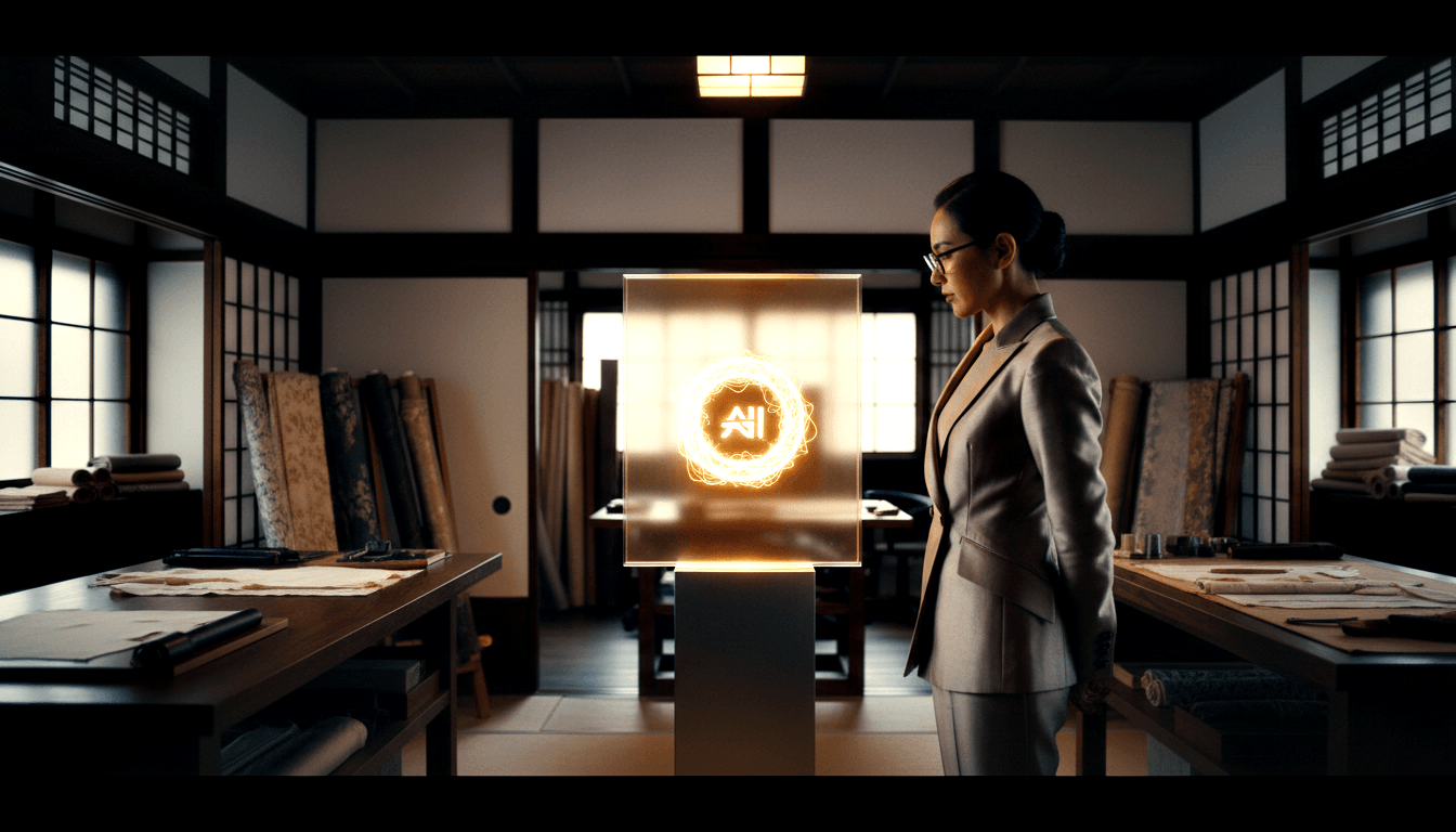 CGI woman in grey suit and glasses examines a glowing transparent panel with amber AI emblem on a modern pedestal.