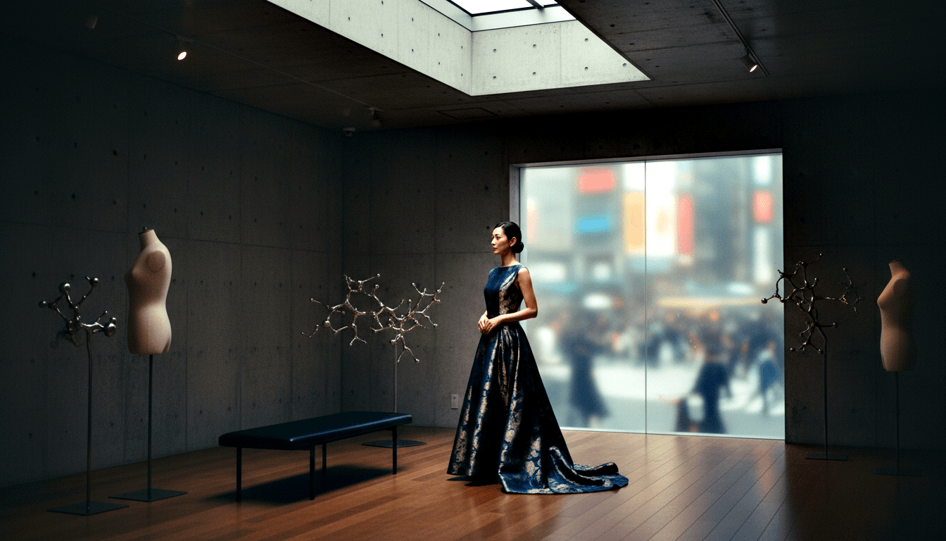 Woman in floor-length sleeveless navy gown with train stands in minimalist gallery flanked by dressmaker mannequins and silver branch sculptures.