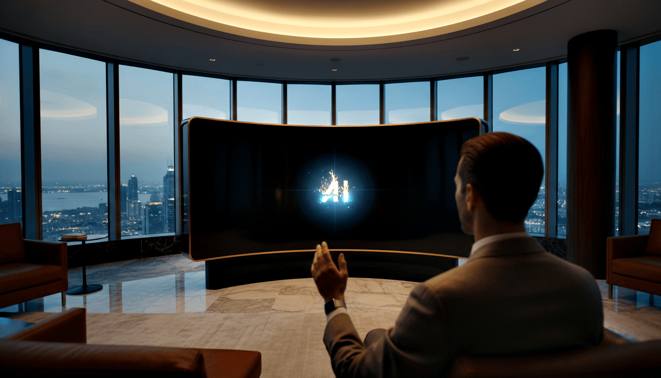 Person at marble table gestures toward curved widescreen showing glowing AI logo; panoramic dusk city skyline, amber ceiling, leather chairs.