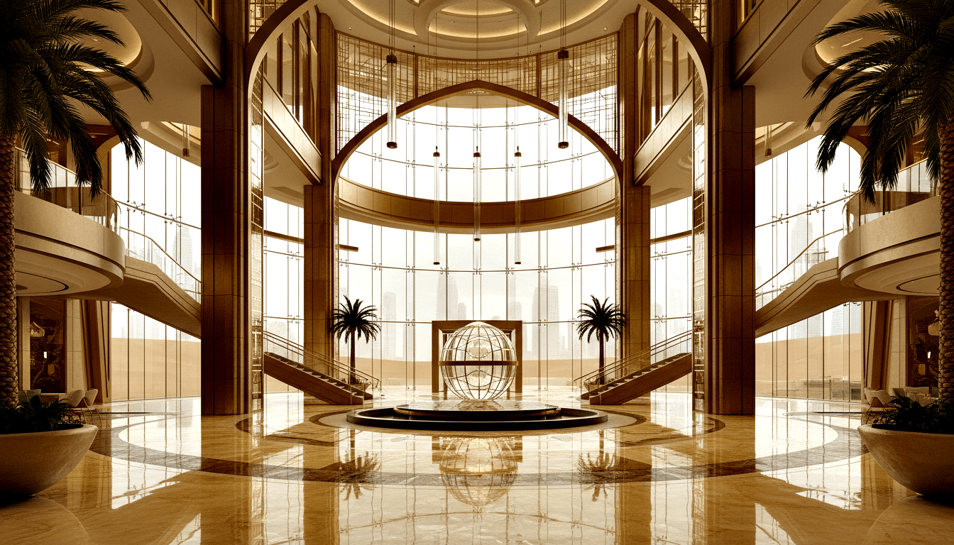 CGI atrium: metallic sphere on circular platform, twin curved staircases, indoor palms, golden marble floors, glass facade, city skyline.