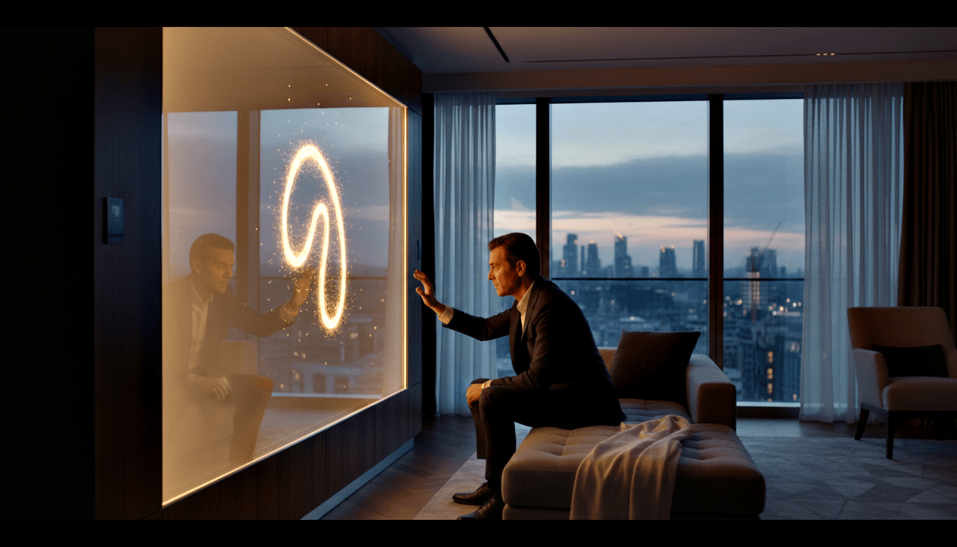 Man in dark suit reaches toward glass panel with swirling golden vortex in wood wall; city skyline at dusk visible behind.