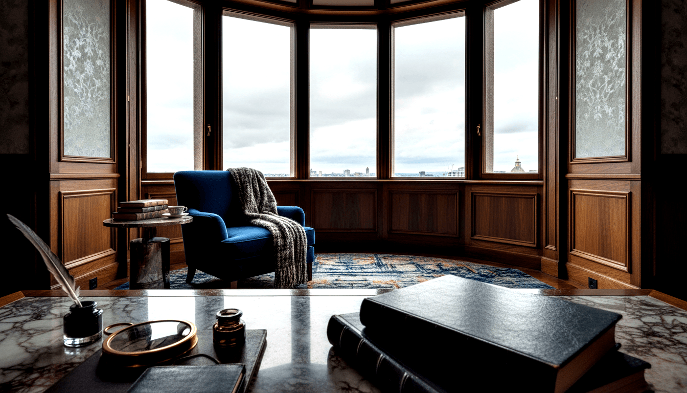 Navy velvet armchair with grey knit throw in bay window nook, marble desk with leather books, quill, and magnifying glass, city skyline beyond.