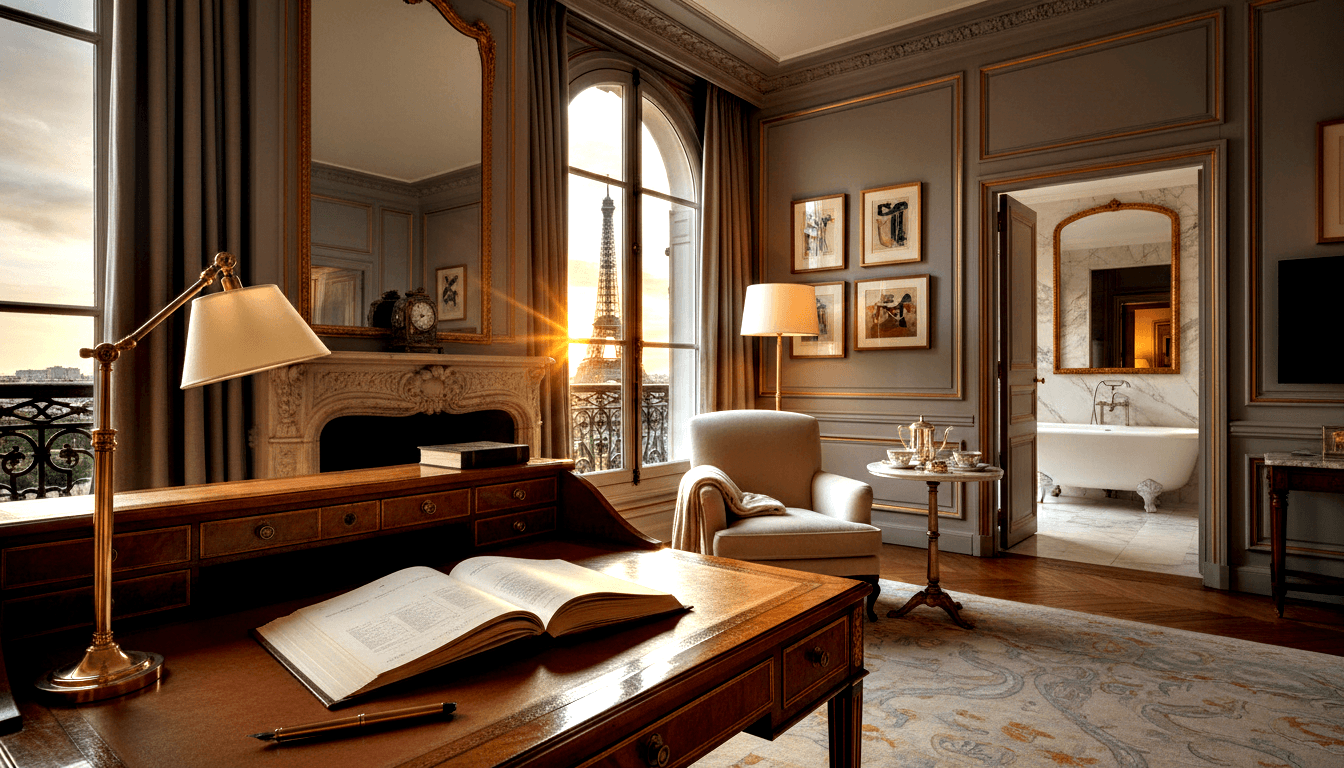 Mahogany roll-top desk with open book and fountain pen, brass lamp, marble fireplace, gilded mirrors, arched window framing distant iron tower.