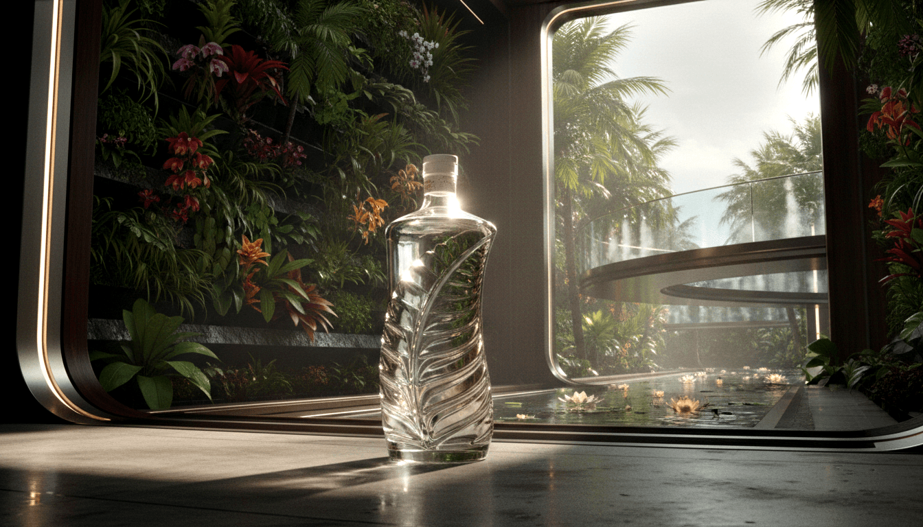 Twisted clear glass bottle, cork-stopped, backlit with glowing halo; tropical plant wall, reflective pond, lotus flowers behind.