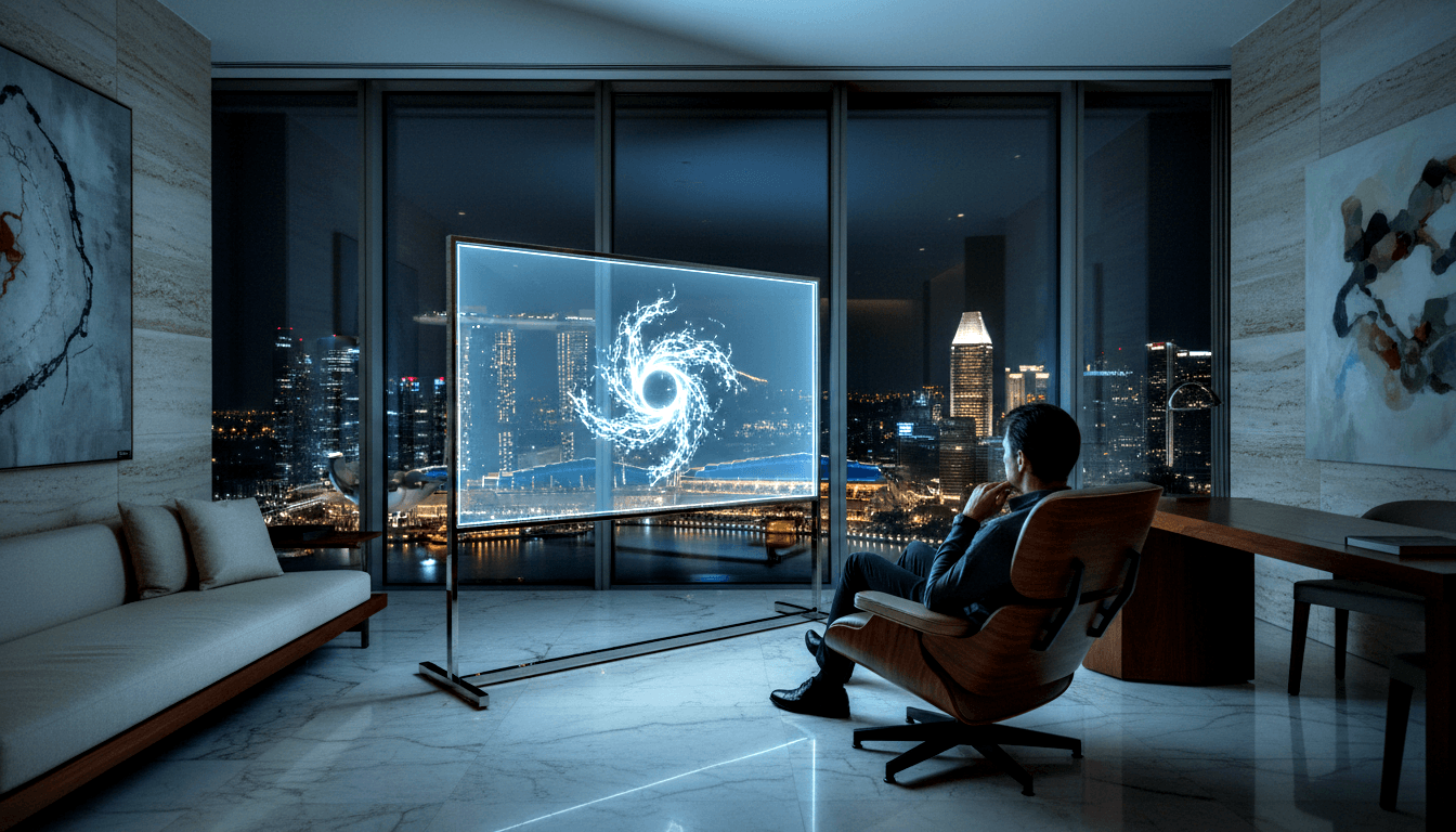 Dark-haired man seated cross-legged in a lounge chair, facing a floor-standing transparent display showing a glowing cyan-white spiral vortex.