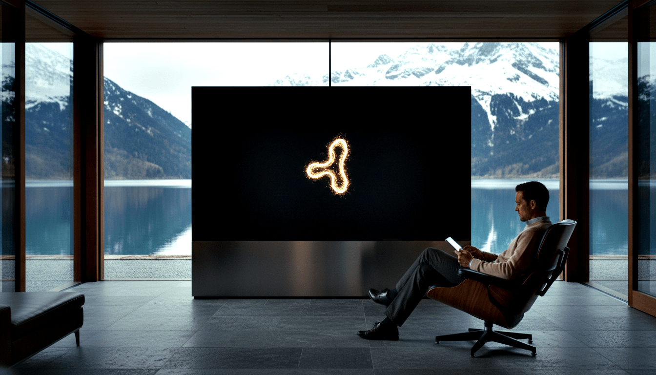 Man in leather chair holds glowing device facing large display with golden symbol; snow-capped mountains and lake behind.