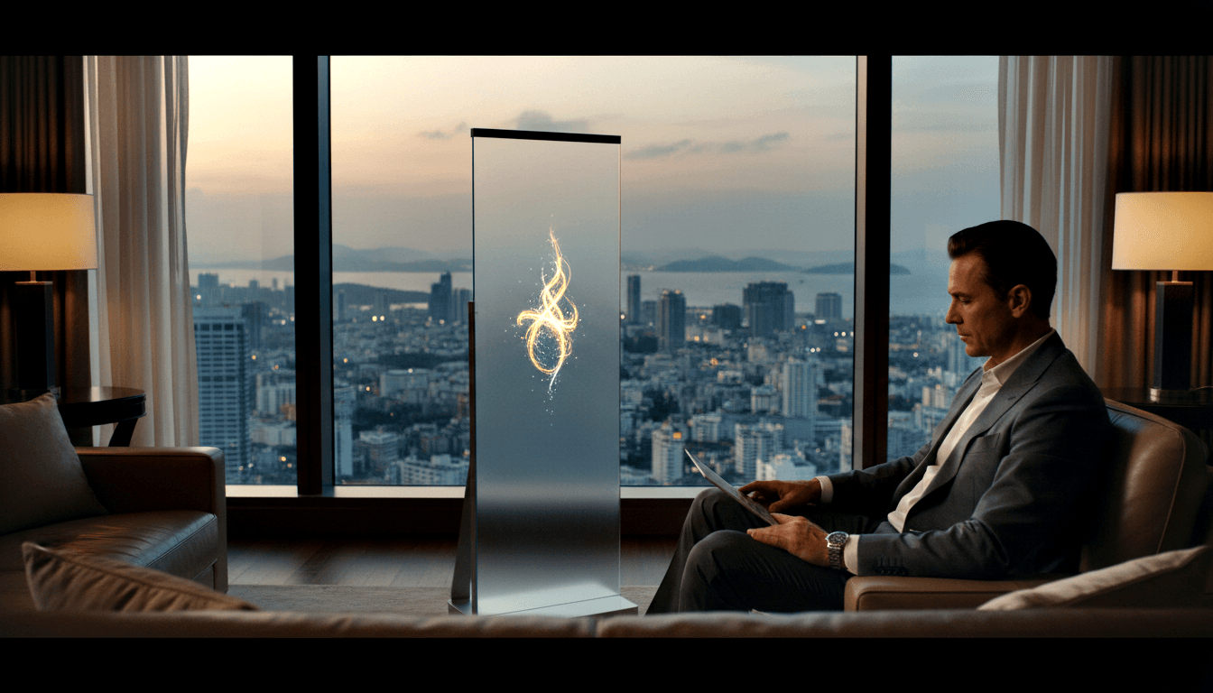 Man in grey suit sits in leather armchair looking at tablet, beside a tall transparent panel with a glowing golden swirling symbol.