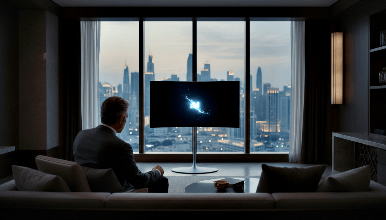 Man in charcoal suit sits on sofa facing curved freestanding TV showing particle burst, city skyline at twilight beyond tall windows.