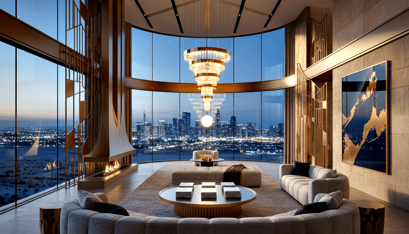 CGI living room with curved floor-to-ceiling glass wall, night skyline view, crystal chandelier, circular sectional sofa, and glowing fireplace.