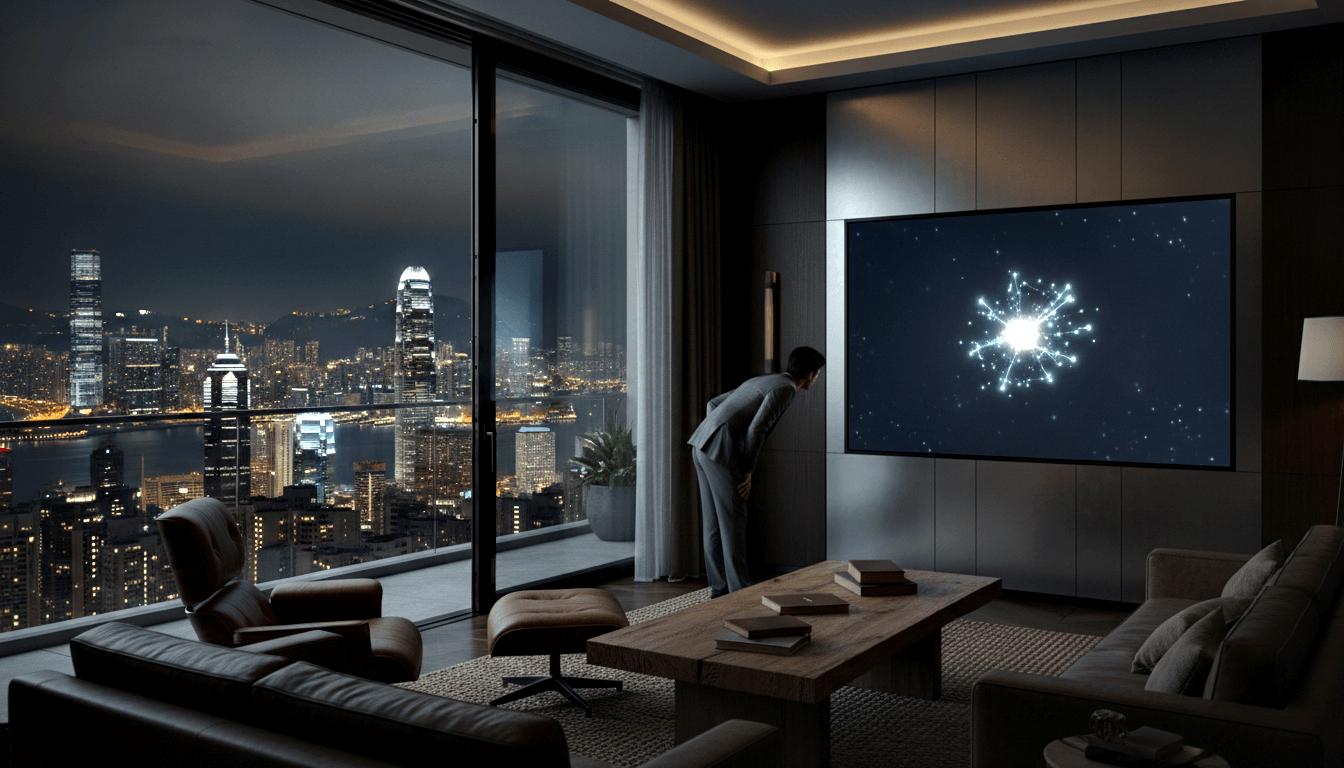 Dark-haired man in grey blazer leans toward a glowing blue-white network diagram display in a dark high-rise interior at night.