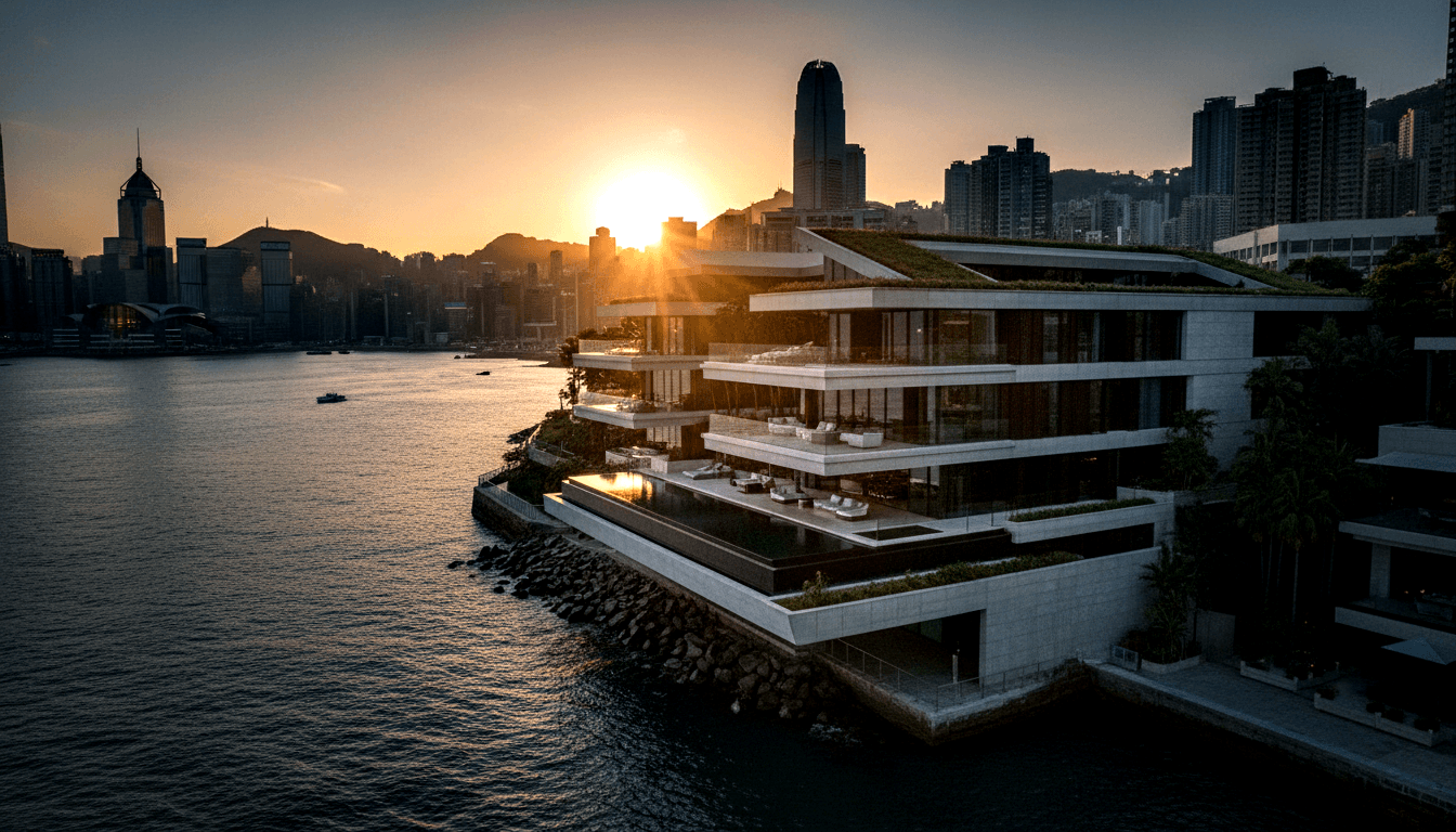 Waterfront building with stepped terraces, glass facades, green rooftop garden on harbor peninsula; golden hour backlit cityscape.