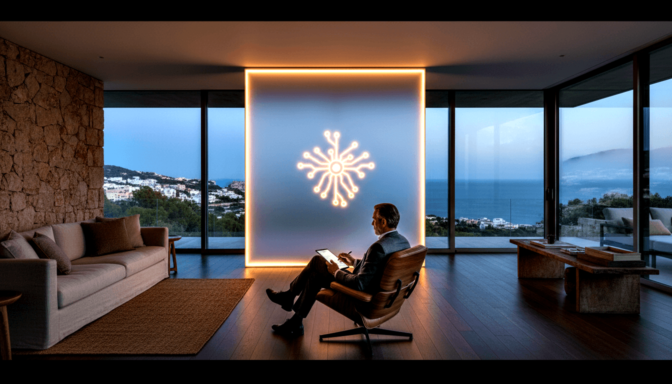 Man in dark suit holds tablet in walnut chair before backlit frosted panel with glowing network icon; sea at twilight behind.