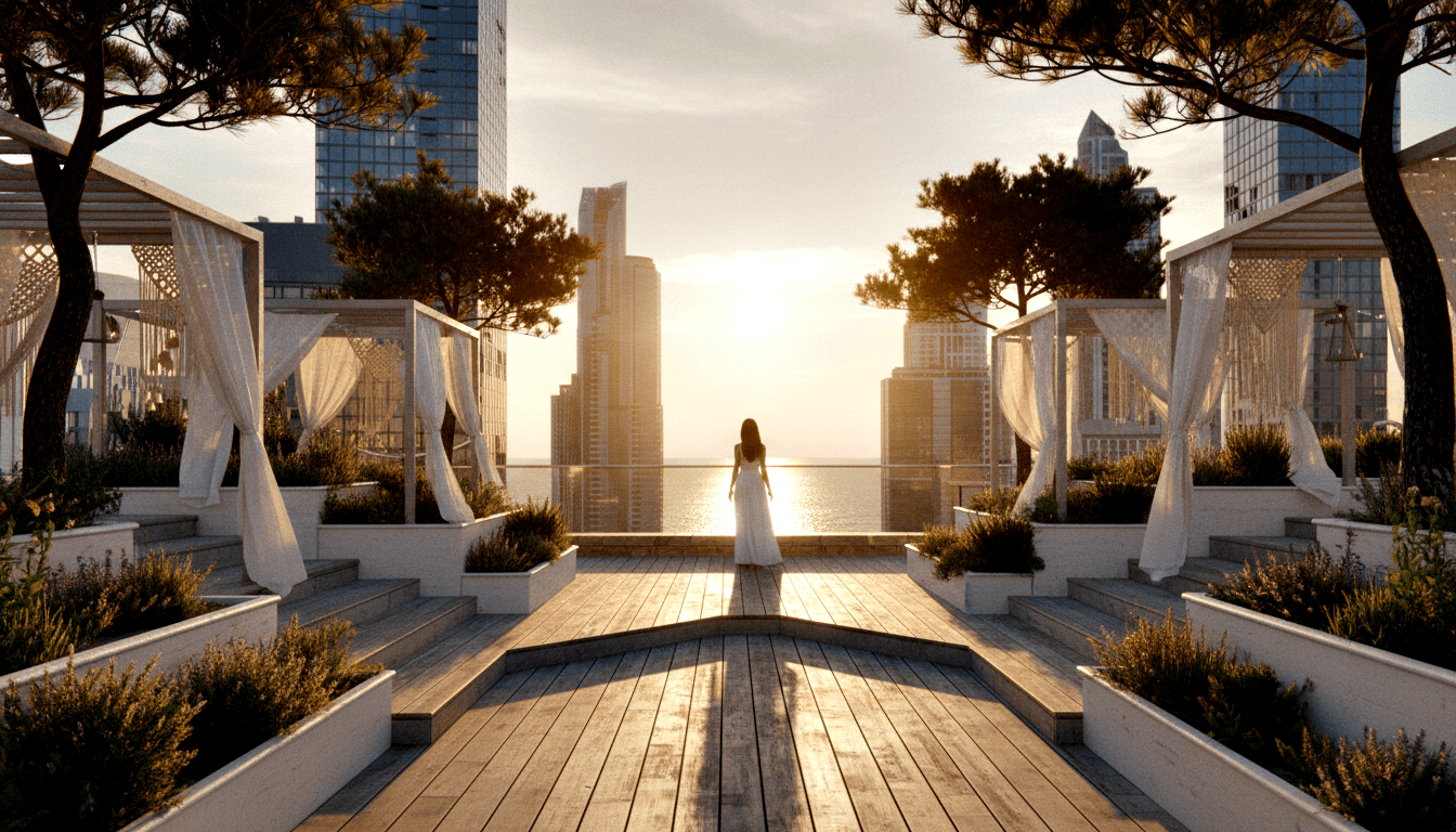 Woman on symmetrical rooftop terrace with pergola cabanas, planters, and trees facing a waterfront skyline at golden sunset.