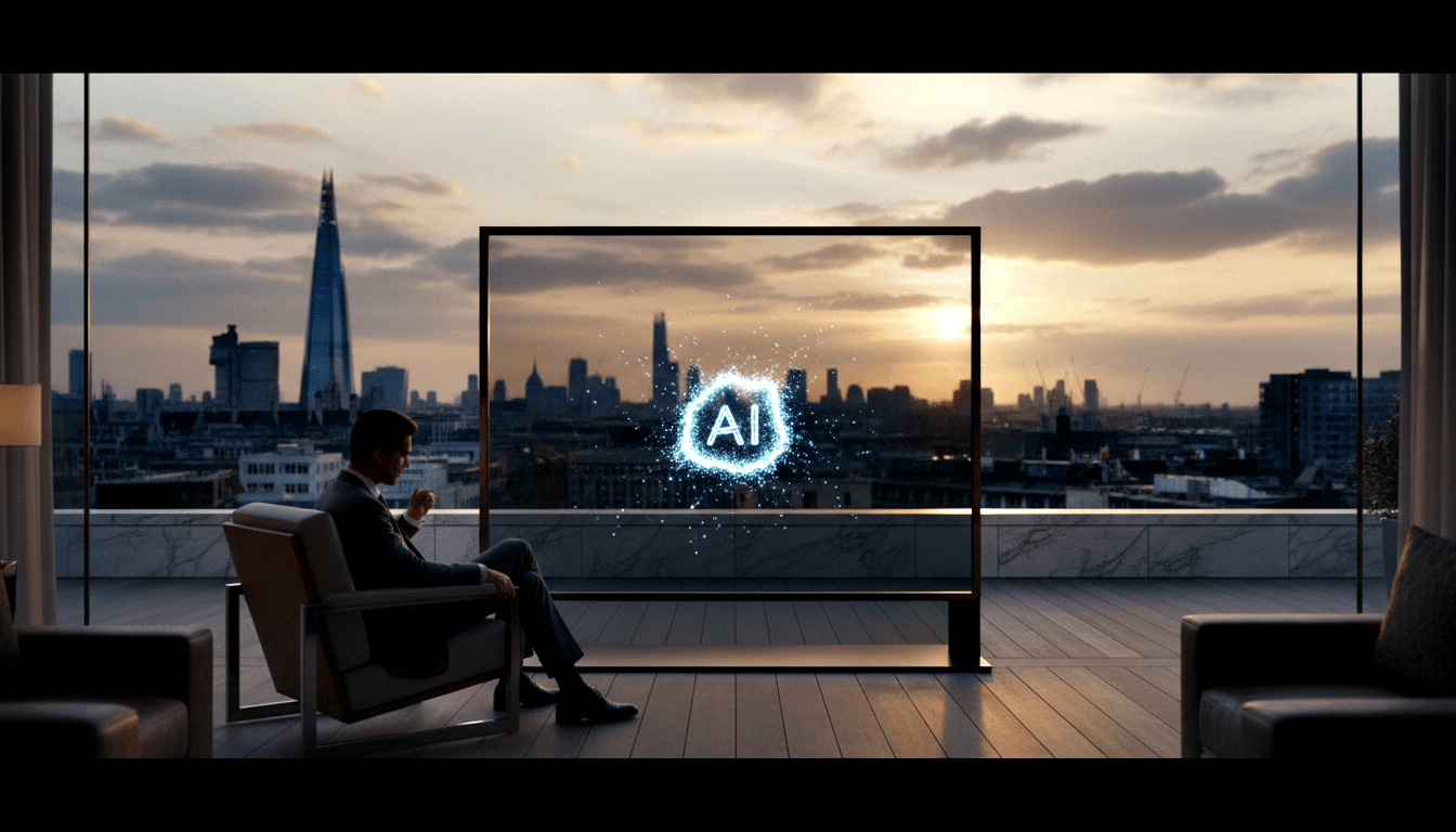 Man in dark suit faces glowing holographic AI display; city skyline with skyscraper visible through glass walls at sunset.