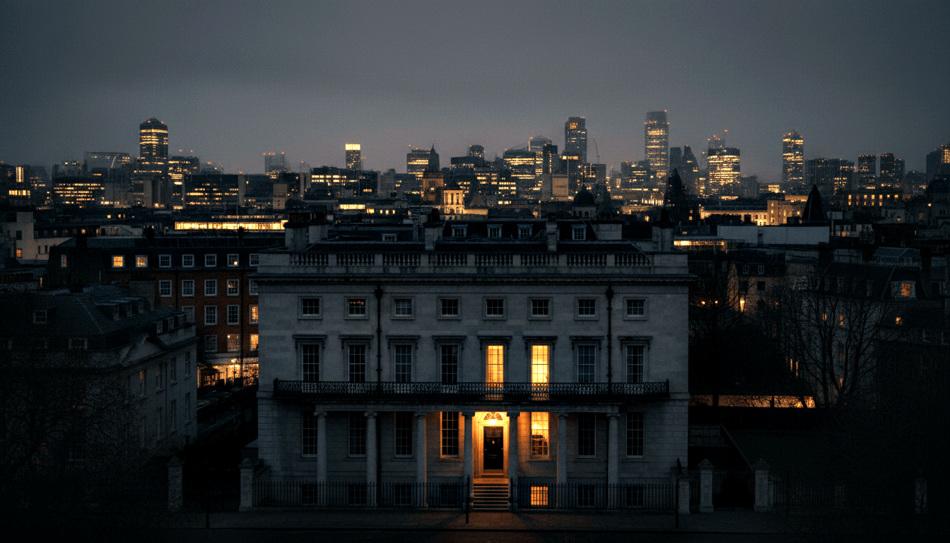 Neoclassical stone building with columned portico, glowing amber doorway, lone figure at steps, skyscrapers behind leafless trees at twilight.